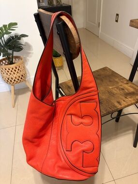 Tory Burch Bright Coral Pebbled Leather Shoulder Hobo